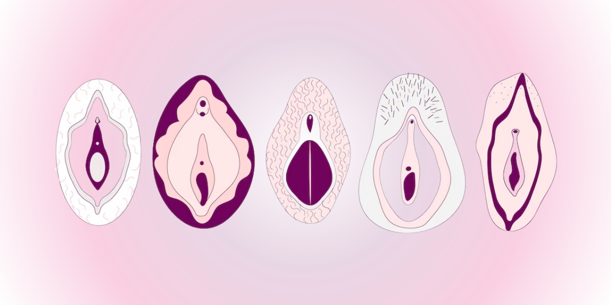 Colourful cartoon vulvas on vibrant background