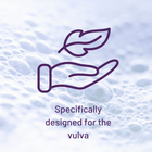 YES CLEANSE.  The background show a soft white foam.  On top is a symbol of a hand with a leaf hoovering above.  Below is text which states Specifically design for the vulva