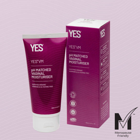 YES VM 100ml vaginal moisturiser tube next to the VM vaginal moisturiser carton on a light pink contoured background.  The MTick menopause friendly logo is in the bottom right corner as the product is approved by the GenM MTick team and framework
