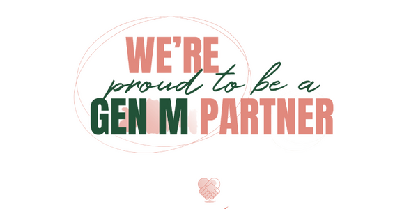 We're proud to be a GenM partner logo with green and pink font 