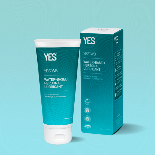 YES WB water based lubricant 100ml.  Tube and carton on a blue background.  