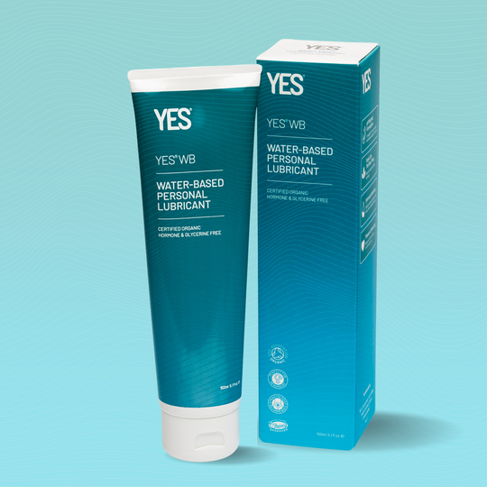 YES WB water based lubricant 150ml. Tube and carton on a blue background.