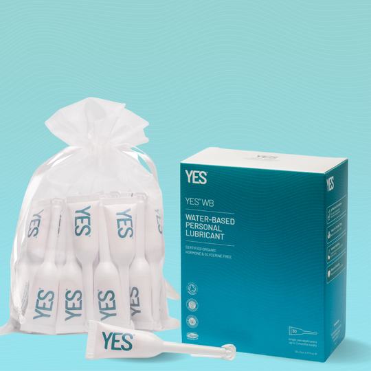 YES WB water based lubricant 6 pack applicators. Tube and bag of 30 applicators on a blue background.