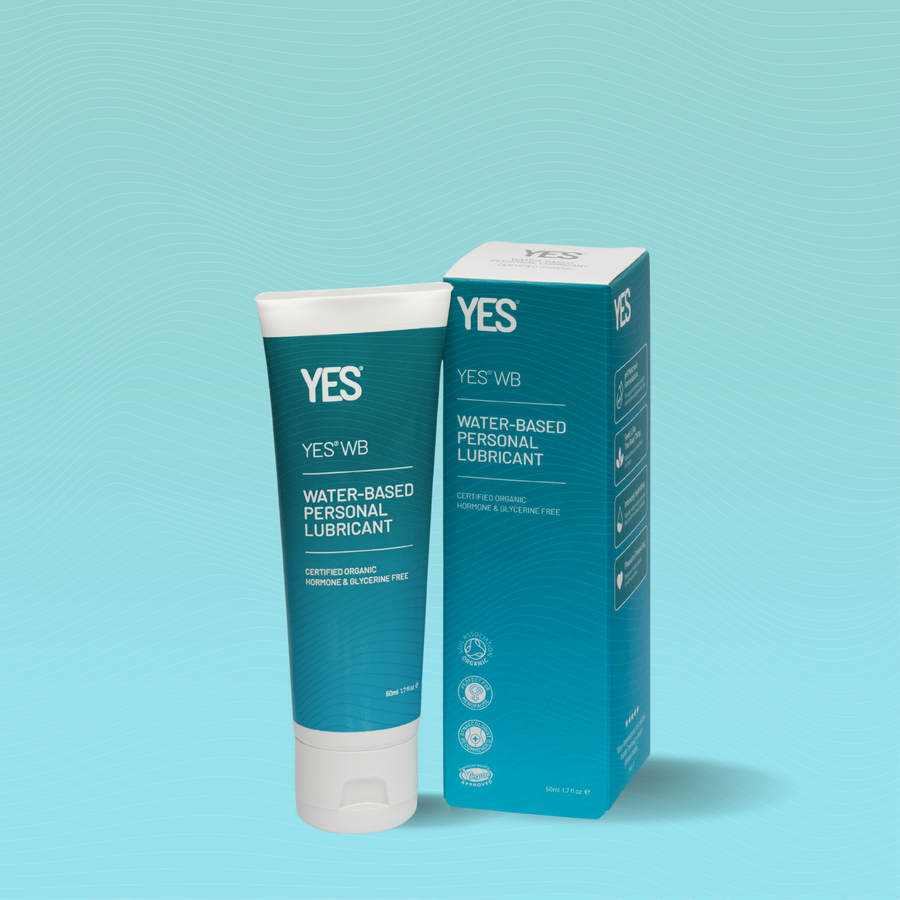 YES WB water based lubricant 50ml. Tube and carton on a blue background.