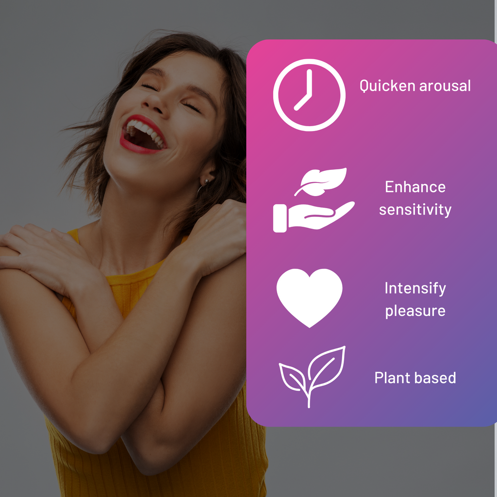 YES O YES Clitoral stimulant features are quicken arousal, enhance sensitivity, intensify pleasure and plant based ingredients.  These are shown inside a pink gradient box.  In the background is a happy woman smiling and looking up with her eyes closed. 