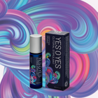 Bottle of YES O YES Clitoral stimulant next to a carton of YES O YES clitoral stimulant.  In the background is a colourful swirl graphic