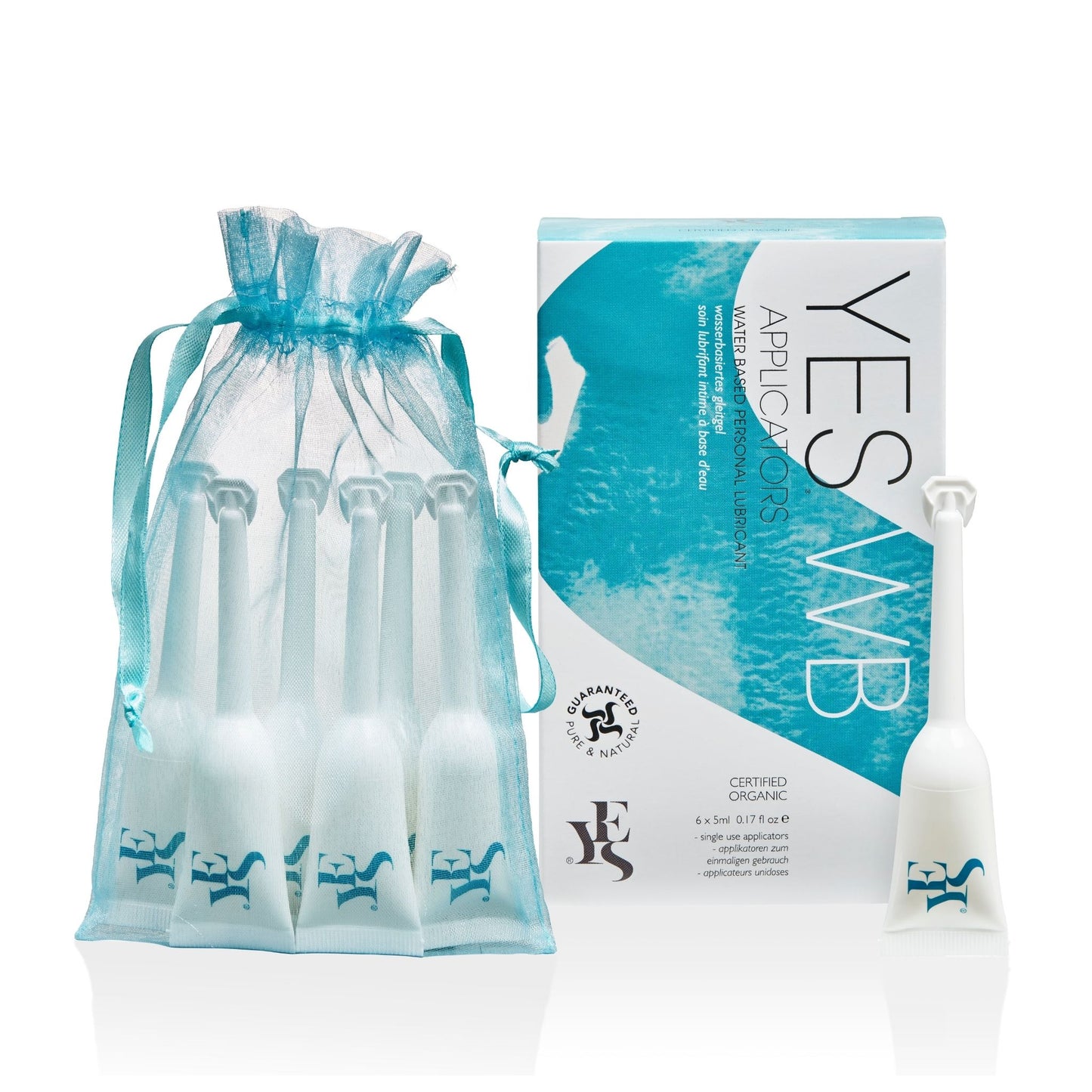 YES WB 6 pack of water based applicators.  Applicators appear inside a blue gauze bag. 