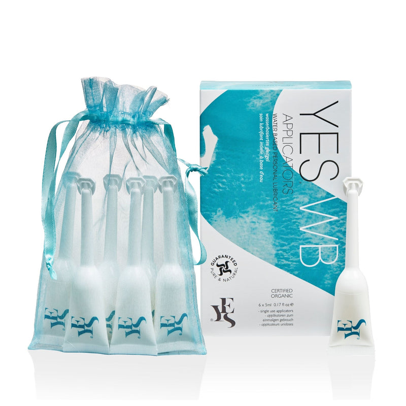 YES WB 6 pack of water based applicators.  Applicators appear inside a blue gauze bag. 